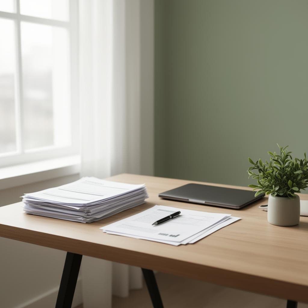 Mesa de trabalho organizada de um escritório de contabilidade
